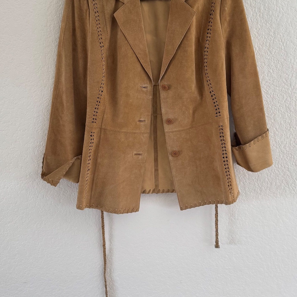 Vintage Tan Suede Jacket | Western Whipstitch Leather Blazer | Size 12 - Picture 2 of 6
